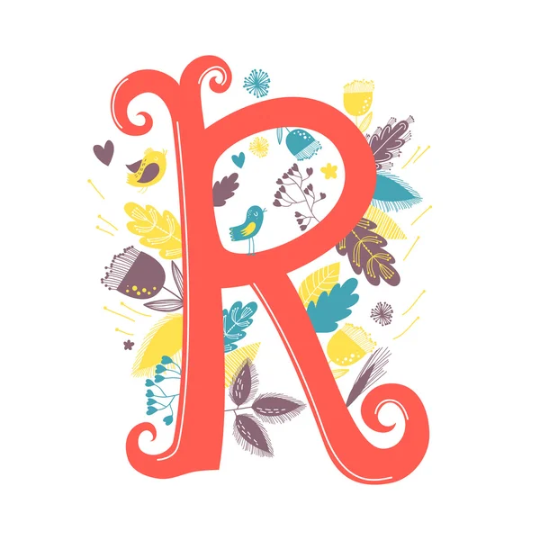 Буква R с цветами и птицей — стоковый вектор