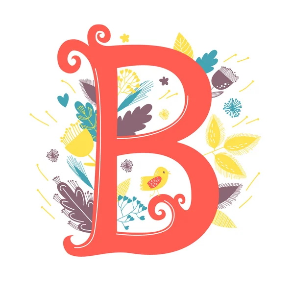 Lettre b avec fleurs et oiseau — Image vectorielle