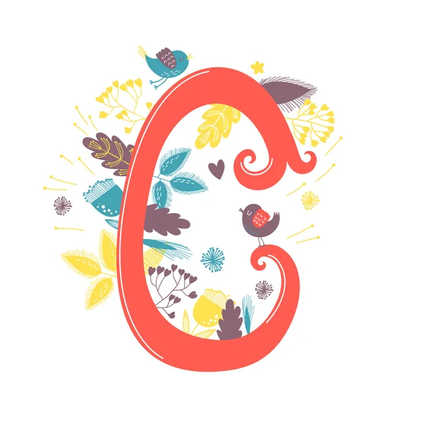 Letter c met bloemen en vogels — Stockvector