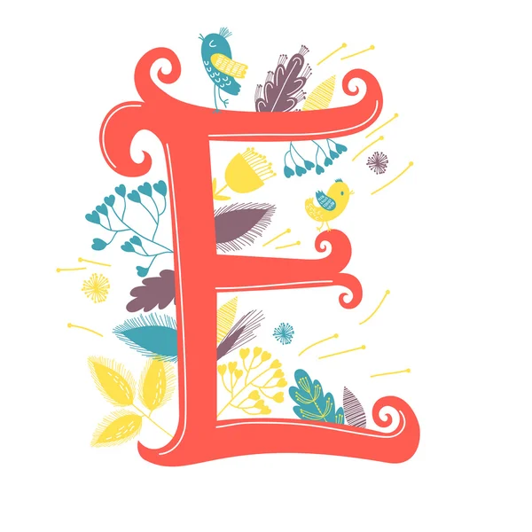 Lettre e avec fleurs et oiseau — Image vectorielle
