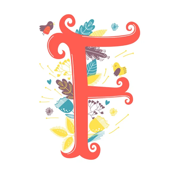 Lettre f avec fleurs et oiseau — Image vectorielle