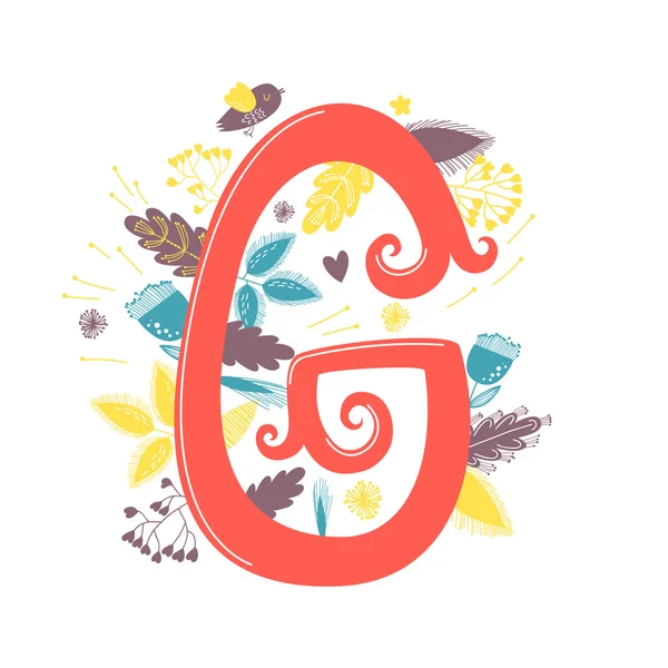 Letter g with flowers and bird — Stock Vector