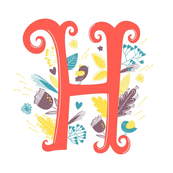 Lettre H avec fleurs et oiseau — Image vectorielle