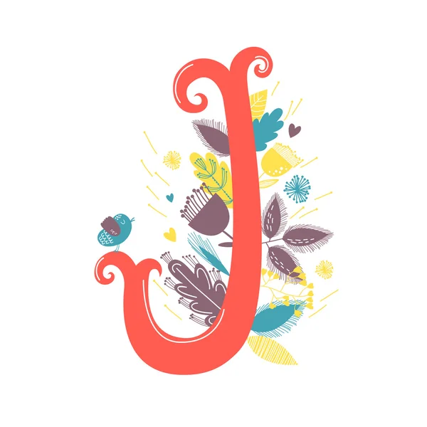 Літера j з квітами і пташкою — стоковий вектор
