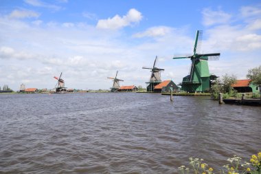 Geleneksel Hollanda yel değirmenleri Zaanse Schans'a, Amsterdam'a kapalı