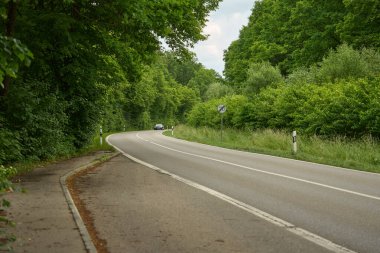 Ağaçların arasından, trafik işaretleri ve araçlarla. Yeşil bölgede virajlı yol, trafik işaretleri, uzak araç.