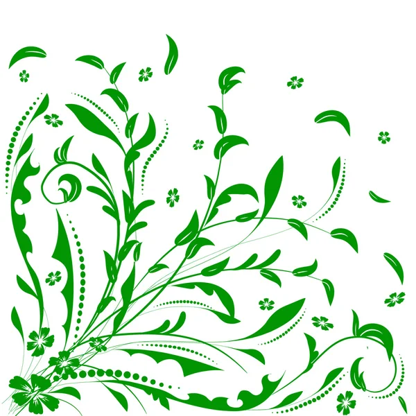 Floral design element with green swirling leaves.