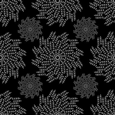 Siyah arka plan üzerinde beyaz yaprakları ile soyut dikişsiz desen. Bir arka plan, dekor, dekopaj, tekstil, davetiye olarak kullanılabilir.