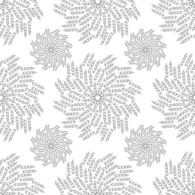 Beyaz arka planda gri yapraklar içeren soyut dikişsiz desen. Bir arka plan, dekor, dekopaj, tekstil, davetiye olarak kullanılabilir.