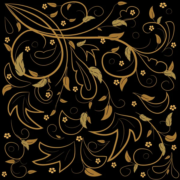 Pattern with golden leaves, abstract swirls, leaves, flowers on a black background. Can be used as a background, decor, decoupage, textile, invitation.