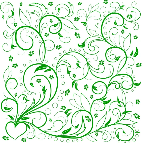 Green leaves with abstract swirls, leaves, flowers and heart on a black background. Can be used as a background, decor, decoupage, textile, invitation.