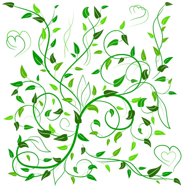 Green leaves with abstract swirls, leaves and heart on a white background. Can be used as a background, decor, decoupage, textile, invitation.