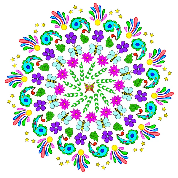 Mandala Abstracto Con Flores Abejas Rizos Hojas Sobre Fondo Blanco — Foto de Stock