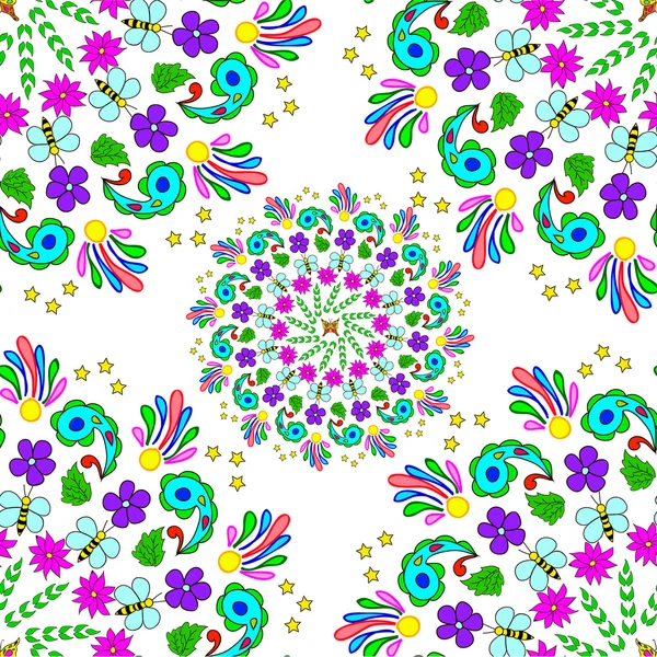 Mandala padrão de verão sem costura das crianças com flores, folhas e abelhas — Fotografia de Stock