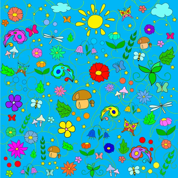 Children\'s summer pattern with flowers, leaves, mushrooms, sun, clouds, dragonflies, bees, stars and butterflies