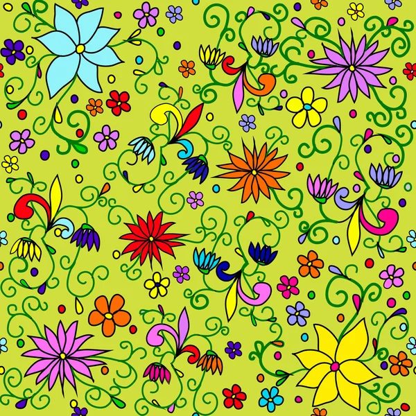Children\'s summer pattern with flowers, leaves, mushrooms, sun, clouds, dragonflies, bees, stars and butterflies