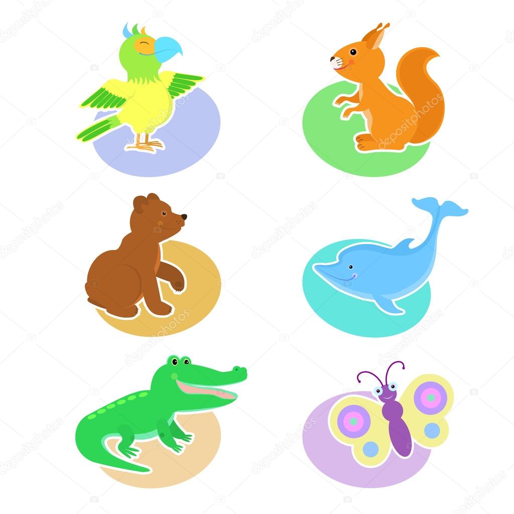 Un gruppo di disegni con animali del fumetto sullo sfondo degli ovali di diversi colori pappagallo scoiattolo orso Delfino coccodrillo farfalla