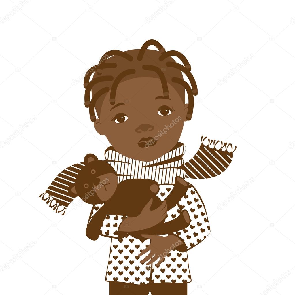 Disegnando su una priorit  bassa bianca con una foto di una bambina triste nera con un mal di gola avvolto in una sciarpa — Vettoriali di ele nik