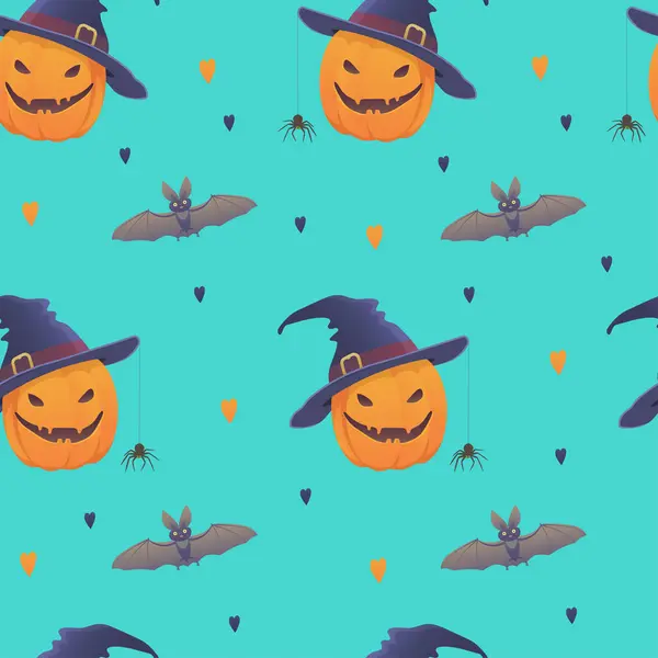 Seamless pattern on a green background for Halloween with fun orange pumpkins in hats, spiders, bats and hearts. — Stock Illustration Seamless Pattern Green Background Halloween Fun Orange Pumpkins Hats Spiders Vector Graphics