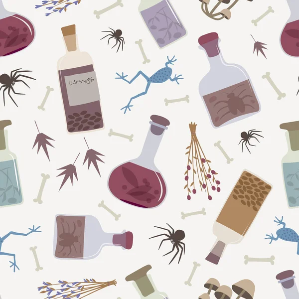 Halloween. Alchemy. Magic. Seamless pattern. Vessels with magic potion, frogs, spiders, bundles of dried herbs, toadstools, bones, beetles, leaves, berries, seeds. — Stock Illustration Halloween Alchemy Magic Seamless Pattern Vessels Magic Potion Frogs Spiders Royalty Free Stock Vectors