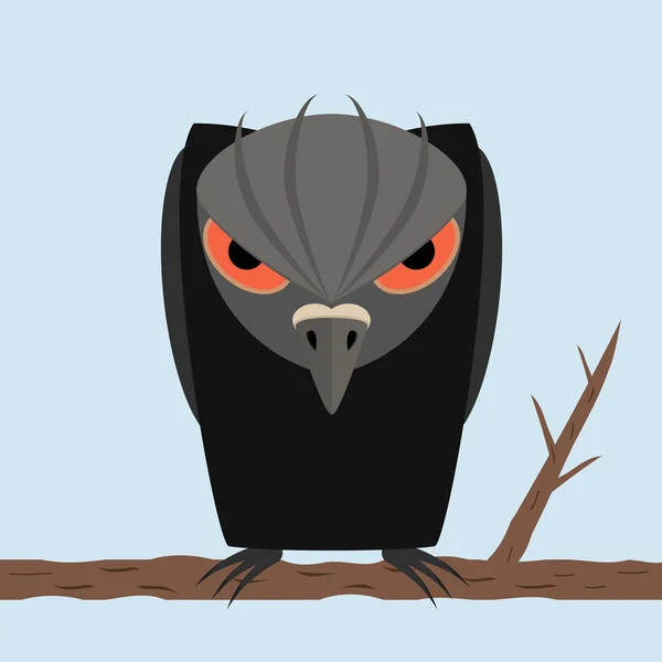 Angry black raven sits on a tree branch on blue sky background. A personified character like human. Black silhouette bird with long curved beak and evil look in the eyes. Vector illustration. — Stock Vector