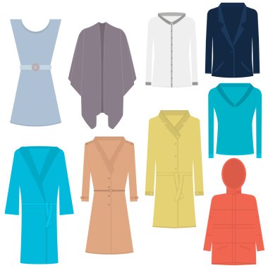 Kadın kıyafetleri, giysileri, giysileri. Vektör çizimleri. Gömlek, elbise, panço, ceket, bluz, bornoz, palto, pelerin, ceket. Koleksiyoncu kadın üstleri.  