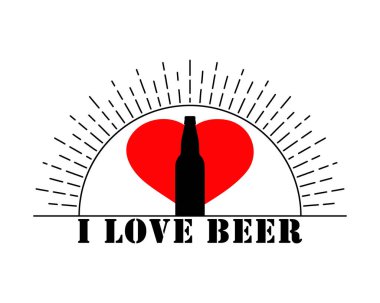 Siyah bira şişesi silueti ve kırmızı bir kalbi var. 