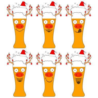 Noel Baba şapkalı, geyik yüzlü, boynuzlu Noel birası bardakları. Komik karakterler gülüyor ve gülümsüyor. İzole edilmiş yeni yıl illüstrasyonları, beyaz arkaplanda simgeler.