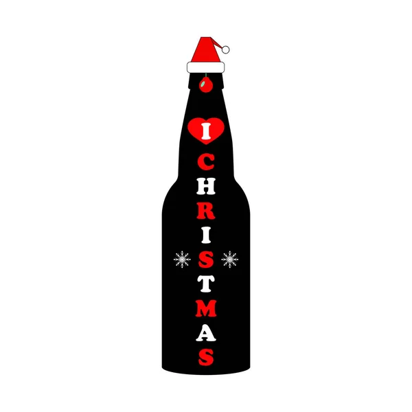 Bouteille Bière Noël Chapeau Santa Claus Coeur Rouge Avec Des — Image vectorielle