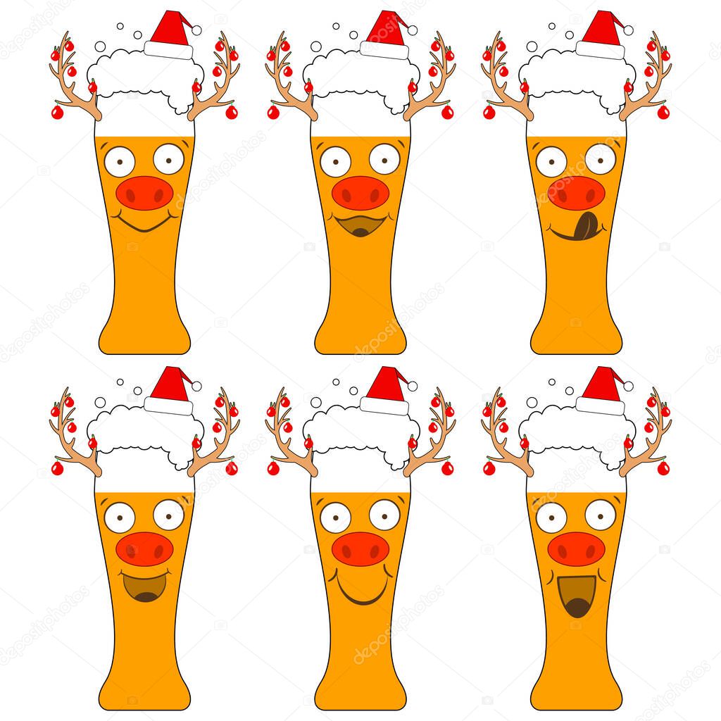 Christmas beer glasses in santa claus hats with deer faces and garlands on horns. The funny characters laugh and smile. Isolated vector new year illustrations, icons on white background.