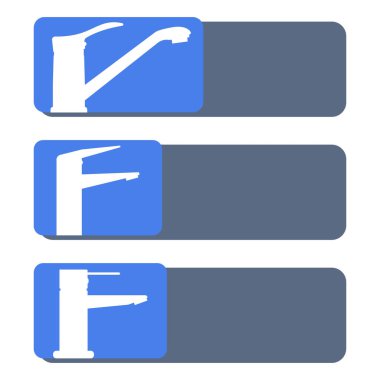 Vektör simgeleri, mutfak ve banyo için musluk logoları. Yazı tahtası, isim levhası ve yazı veya yazı için alanı olan diğer kullanım alanları için tasarım ögesi. Beyaz siluetler, mavi arkaplan.