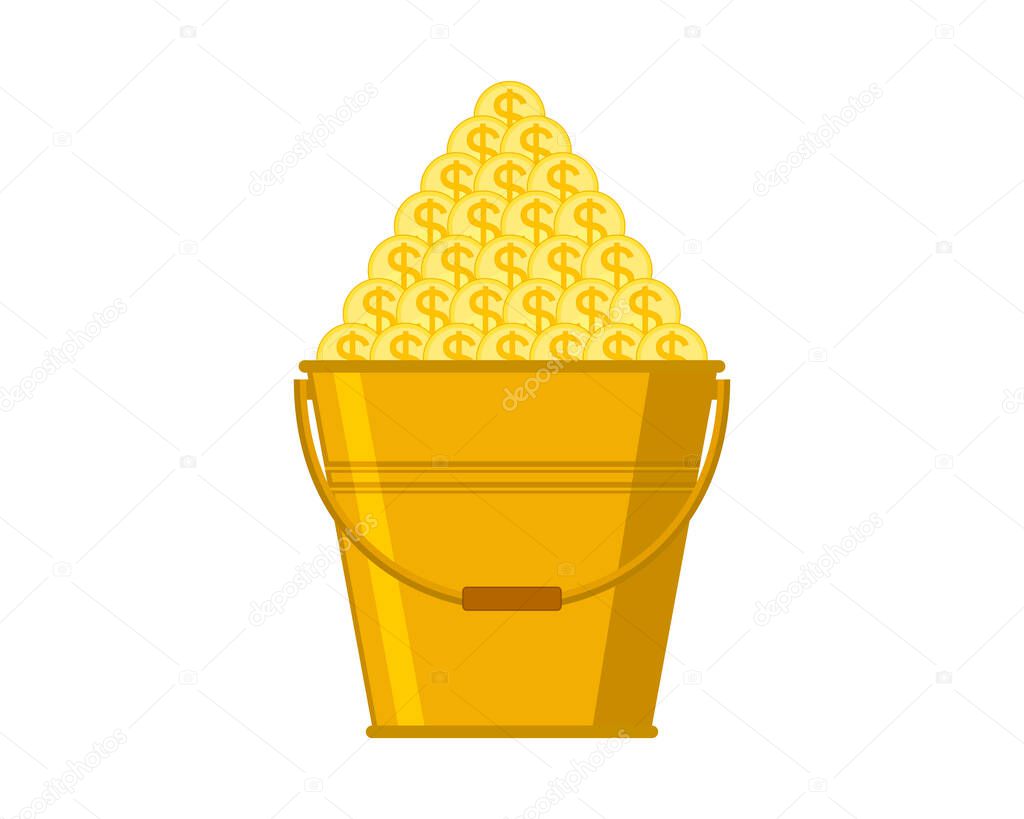 Golden bucket filled coins. Vector illustration. Icon on a white background.