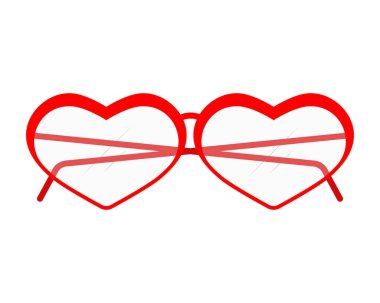 Kalp şeklinde gözlük. Şeffaf lenslerle izole edilmiş vektör klipsi. Kırmızı renk. Beyaz arkaplanı temizle. 