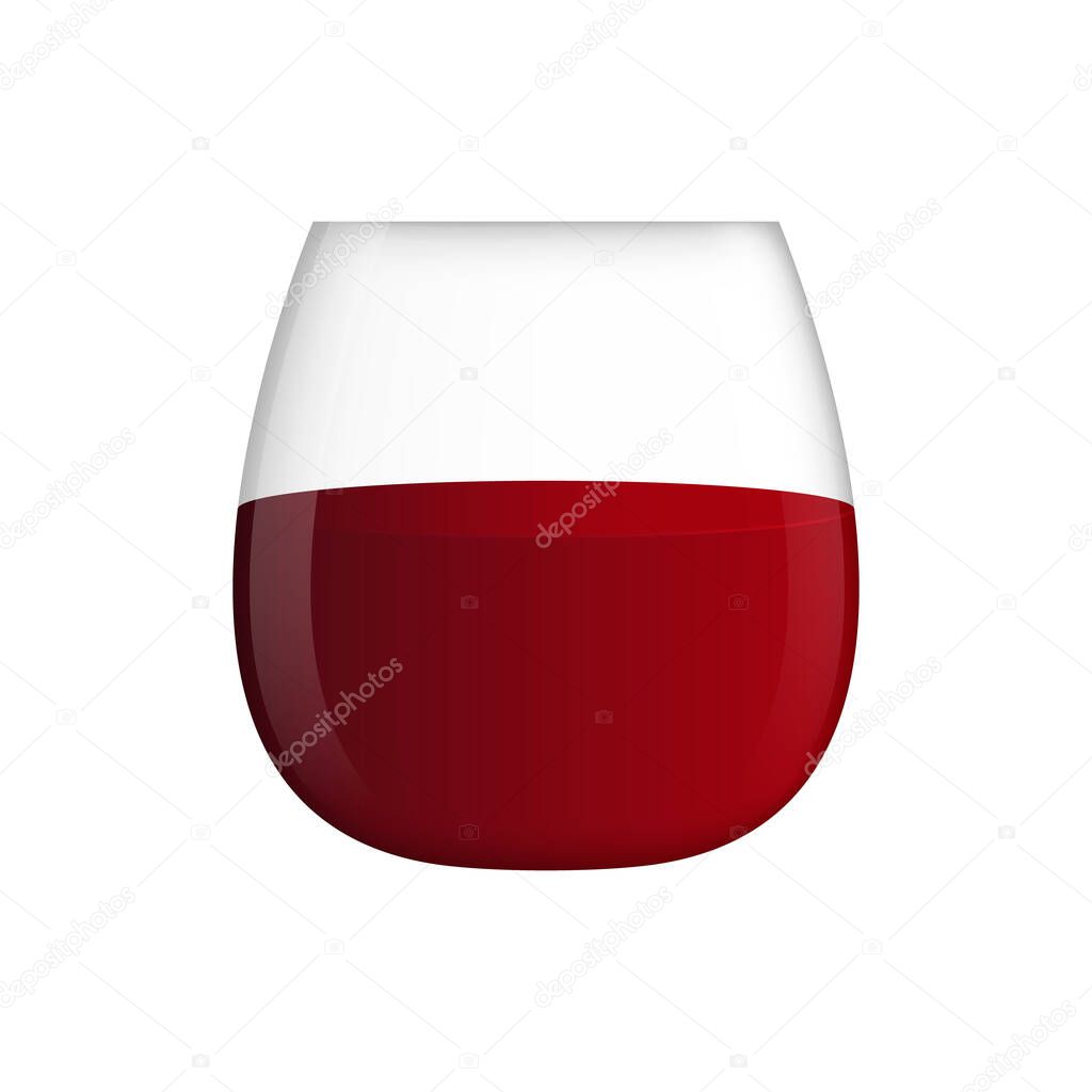 Stemless wine glass with red wine. Transparent glass. Vector clipart on clear white background. Isolated illustration.