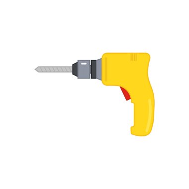 Taşınabilir elektrikli matkap ucu ile çizilmiş. Sarı elektrikli matkap ikonu. Beyaz boş arkaplanda izole vektör karikatür zirvesi.