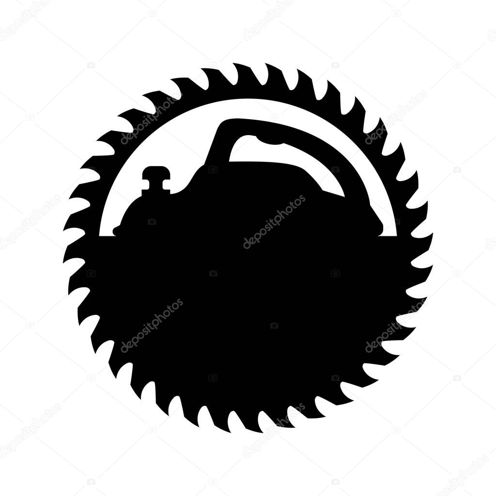 Woodworking logo. Electric planer with circular saw blade for wood. Black silhouette. Isolated vector clipart. Drawing on white background.