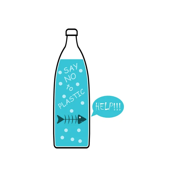 Sagen Sie Nein Plastik Skelettfische Sagen Hilfe Plastikflasche Zeichentrickvektorillustration Clipart — Stockvektor