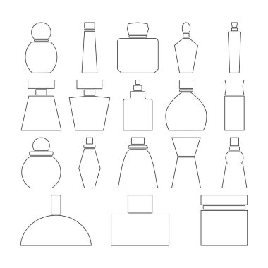 Set of perfume bottles icons. Linear and outline vector icons. Clipart and drawing on white background.