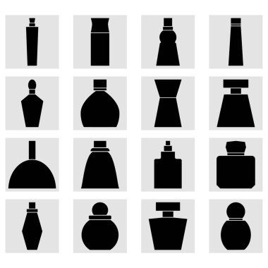 Set of perfume bottles square icons. Black silhouettes. Clipart and drawing on white background.