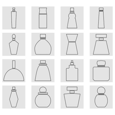 Set of perfume bottles square icons. Linear and outline vector icons. Clipart and drawing on white background.