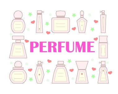 Perfume pink bottles with hearts and stars. Poster with linear and outline icons. Template for signboard cosmetic shop and other ideas. Clipart and drawing on white background. 