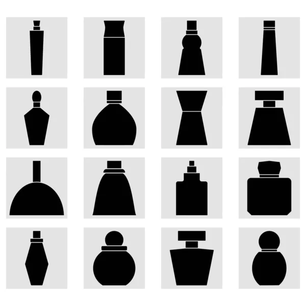 Set Perfume Bottles Square Icons Black Silhouettes Clipart Drawing White — Stockový vektor