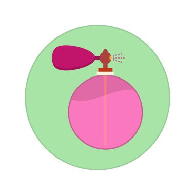 Retro parfüm şişesi. Koku, sprey ve koku içeren düz yuvarlak ikon. Vektör çizimi. Beyaz arkaplanda tırman ve çizim yap.