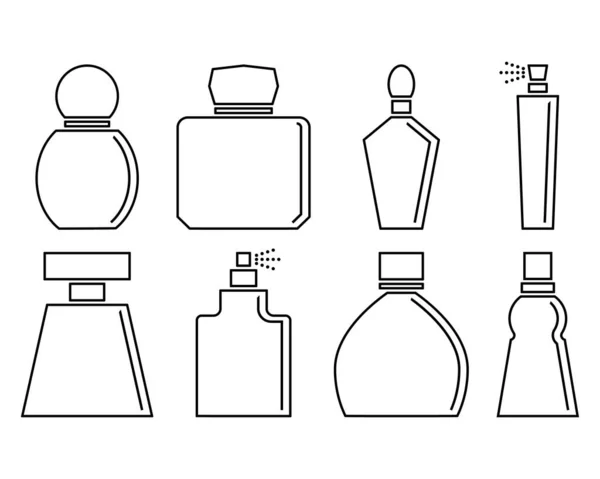 スプレー 香りと白の背景に設定された香水の隔離されたアイコン 線形とアウトライン香水ボトル ベクトルイラスト 切り抜きと描画 — ストックベクタ