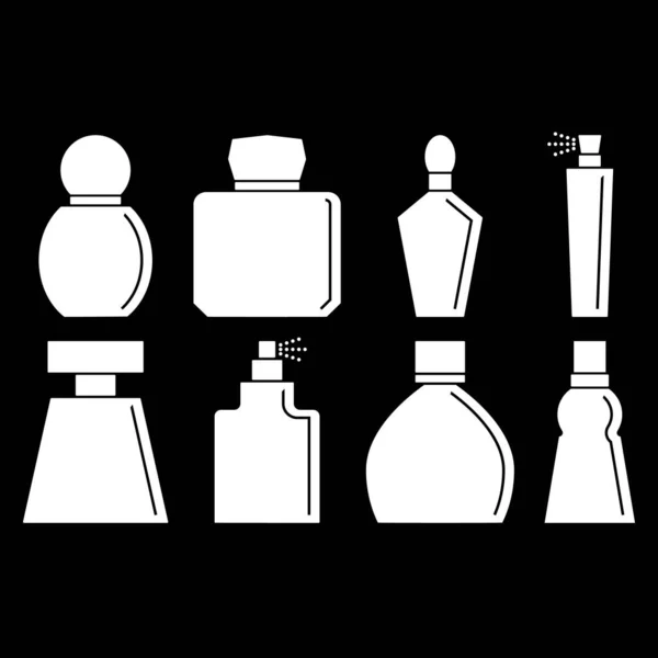 香水ボトルは スプレー 香りと黒の背景に設定されたアイコンを隔離しました ベクトルイラスト 切り抜きと描画 — ストックベクタ