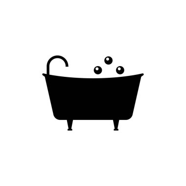 Musluk ve köpüklü küvet ikonu. Siyah ve beyaz vektör silueti, tırman ve çizim. İzole bir illüstrasyon. Moda tasarımı ve şablonu.