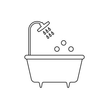 Duşlu, düşen su damlalı ve köpüklü küvet ikonu. Doğrusal ve ana hatlı vektör dağılımı ve çizimi. İzole illüstrasyon. 
