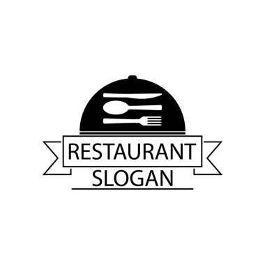 Kaşık, çatal ve bıçaklı restoran logosu. Siyah ve beyaz şablon. Vektör dağılımı ve çizim. Beyaz arkaplanda izole illüstrasyon.