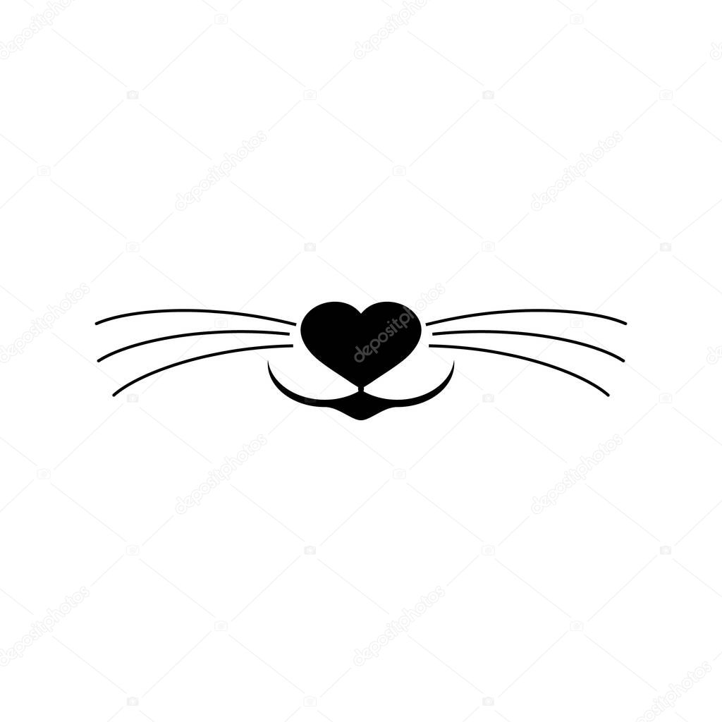 Cat nose and whiskers vector clipart and drawing. Isolated silhouette with heart on white background.