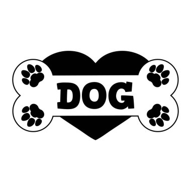 Köpek kulübesi için köpek ismi logosu. Kemik, pençeler ve kalp. Tırman ve çizim yap. Beyaz arkaplanda vektör illüstrasyonu.